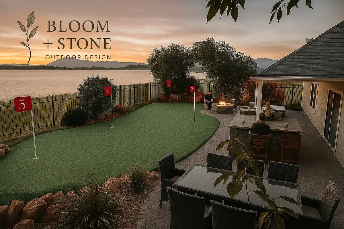Photorealistic 3D landscape design rendering showing stone patio and plantings