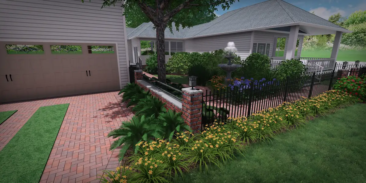 Photorealistic 3D landscape design rendering showing outdoor living zones and planting structure