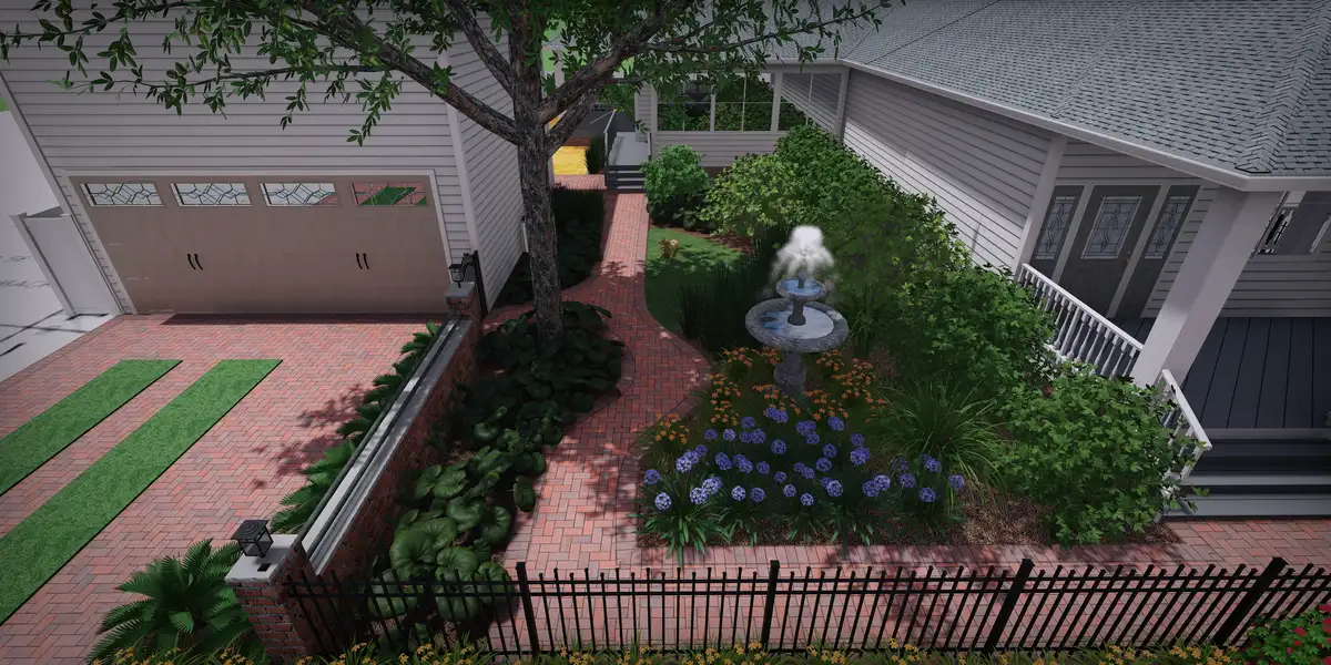 3D rendering of outdoor living space with fire pit and plantings