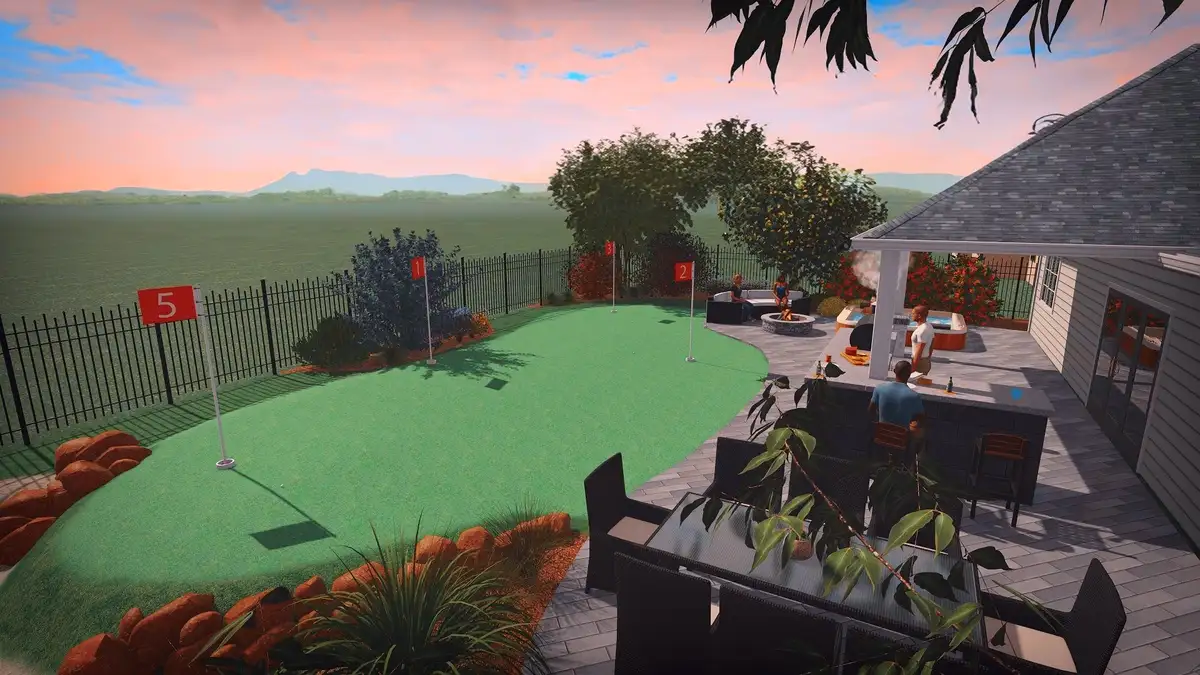 3D landscape design model with stone walls and native plants