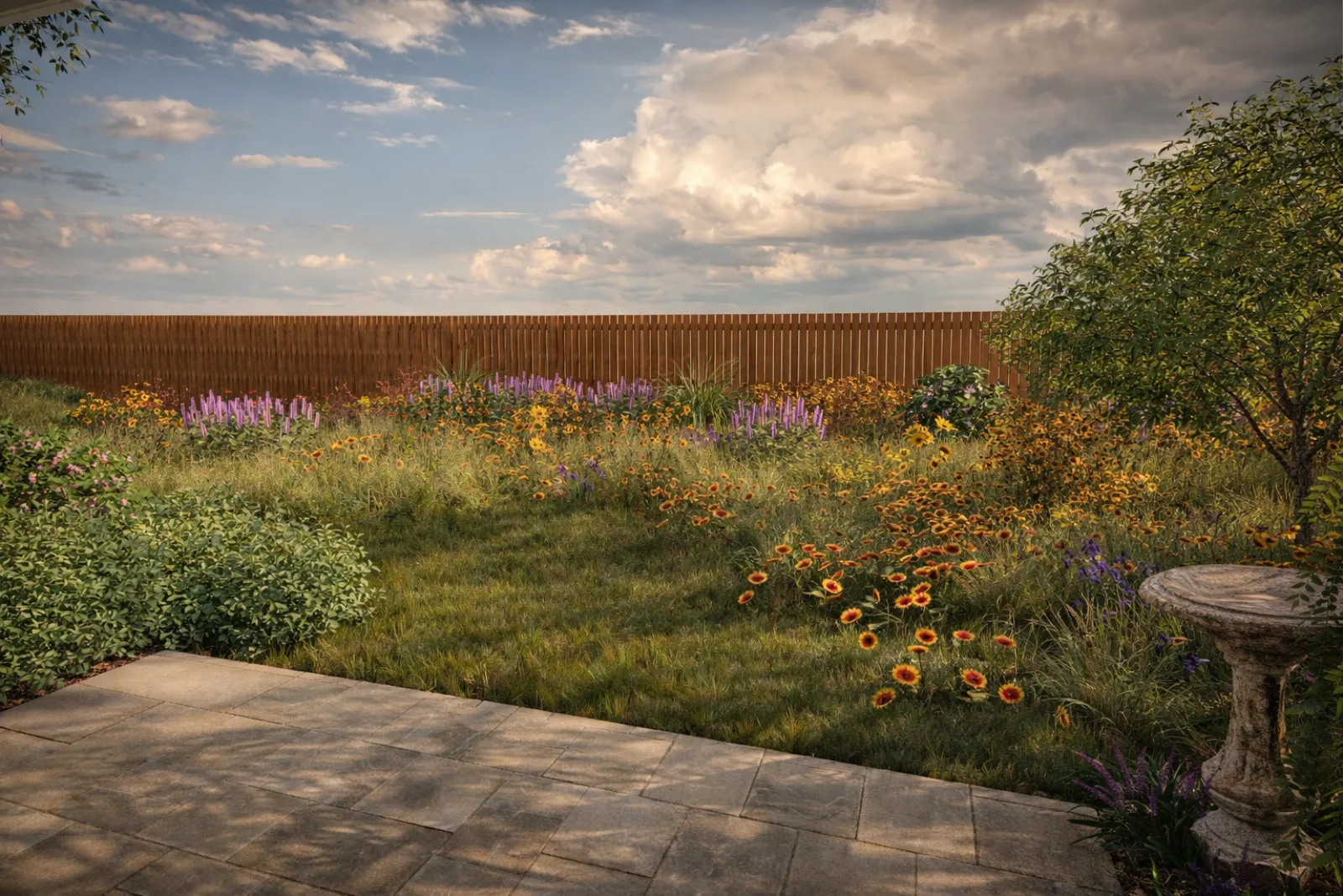 3D rendering of a paver patio edge opening to a wildflower meadow with privacy fence