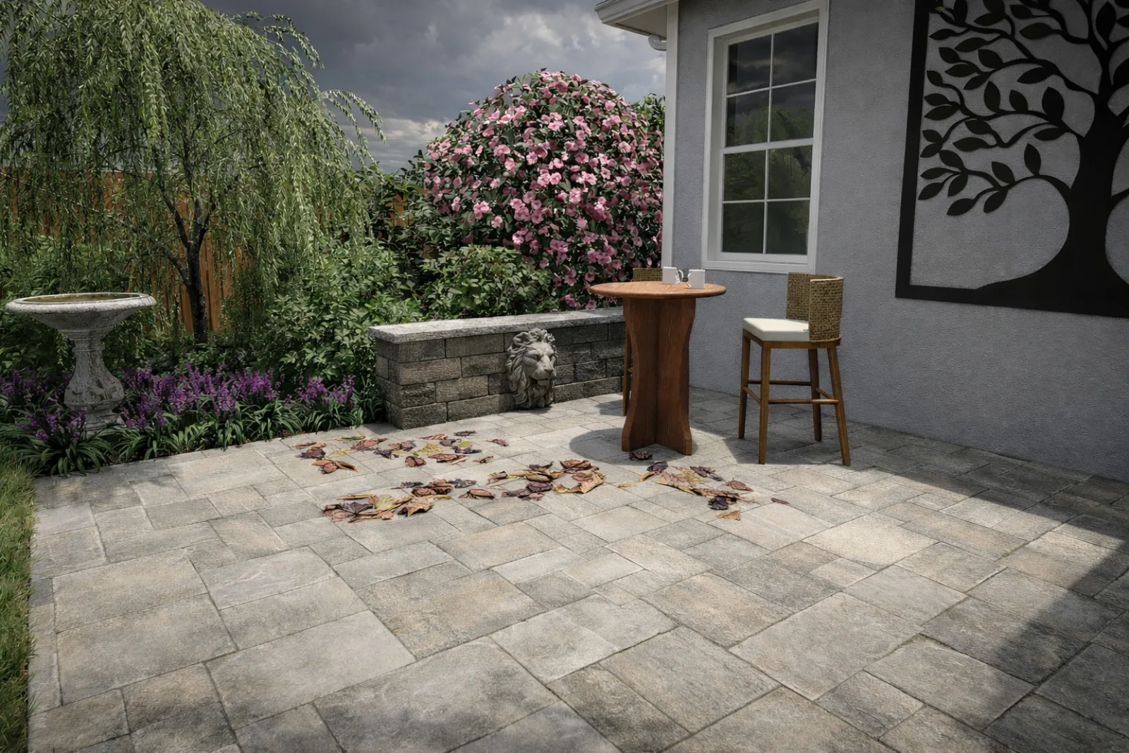 3D rendering of a large paver patio with tree wall art, bistro seating, and flowering shrubs