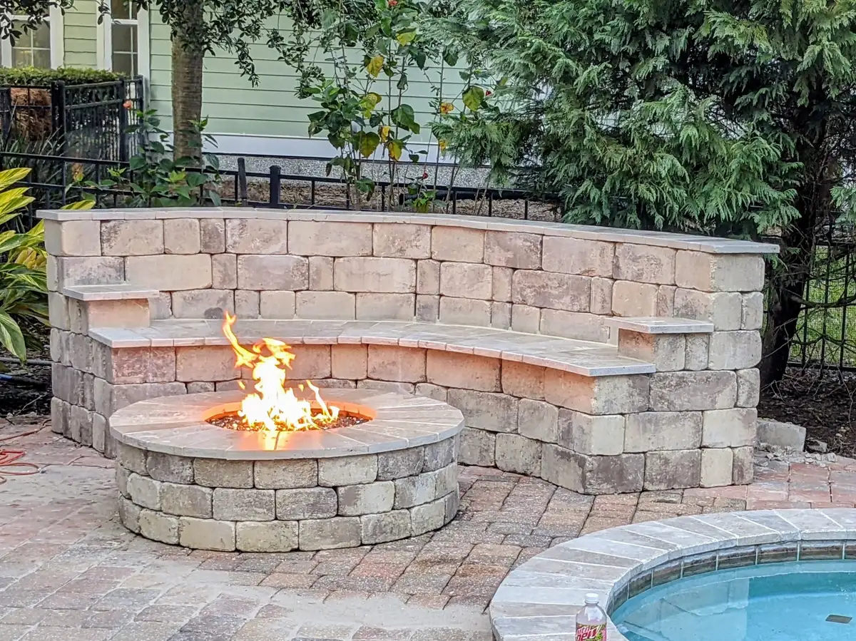 Custom fire pit with natural stone surround
