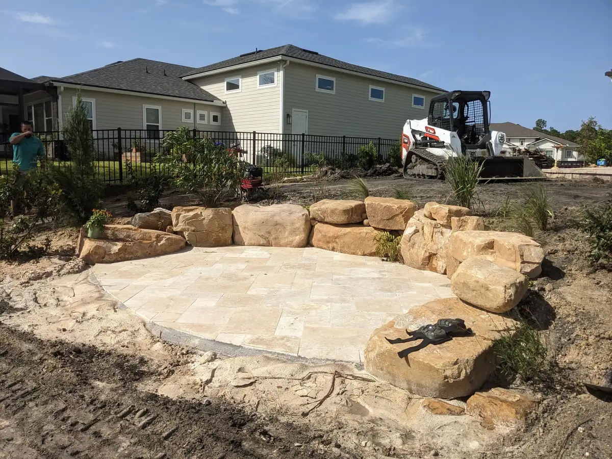 Hardscaping project with integrated landscape lighting